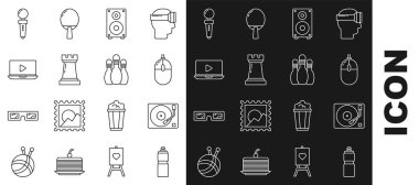 Set line Fitness shaker, Vinyl player with vinyl disk, Computer mouse, Stereo speaker, Chess symbol, Online video, Joystick for arcade machine and Bowling pin icon. Vector