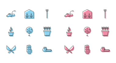 Set line Gardening handmade scissors, gloves, Lawn mower, Chainsaw, Tree, Plants pot, and Home greenhouse plants icon. Vector