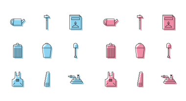 Set line Kitchen apron, Garden saw, Watering can, hose or fire hose, Bucket, Shovel, Trash and Hammer icon. Vector