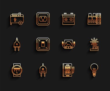 Set line Electric meter, plug, Portable power electric generator, Electrical panel, Light bulb with concept of idea, light switch, Wind turbine and Ampere multimeter, voltmeter icon. Vector