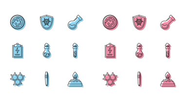 Set line Chemical formula, Tweezers, Bacteria, Alcohol spirit burner, Test tube and flask chemical, Laboratory clipboard with checklist and Biohazard symbol on shield icon. Vector