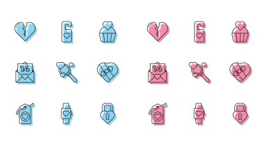 Set line Heart tag, in the center wrist watch, Broken heart or divorce, Castle shape of, Search and love, Candy shaped box, Envelope with Valentine and Please do not disturb icon. Vector