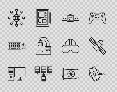 Set line Computer monitor, Wireless charger, Smartwatch, Server, Data, Web Hosting, Social network, Robotic robot arm hand factory, Video graphic card and Satellite icon. Vector
