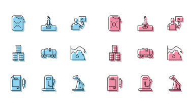 Set line Contract money and pen, Petrol or gas station, Canister for motor oil, Oil pump pump jack, railway cistern, Drop in crude price, Barrel and rig with fire icon. Vector