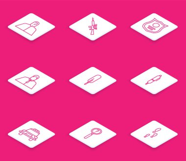 Set line Anonymous with question mark, Sniper rifle scope, Police badge, Lawyer, attorney, jurist, Feather pen, Pen, car and flasher and Magnifying glass search icon. Vector