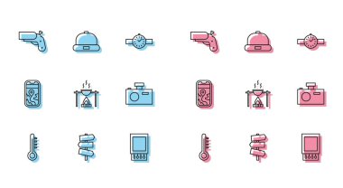 Set line Meteorology thermometer, Road traffic signpost, Flare gun pistol, Open matchbox and matches, Campfire pot, Photo camera, City map navigation and Beanie hat icon. Vector