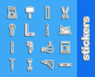 Set line Construction bubble level, Cement bag, stapler, Ruler, Corner ruler, Metallic screw, and Screwdriver icon. Vector