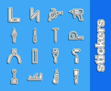 Set line Putty knife, Paint roller brush, Roulette construction, Leaf garden blower, Screwdriver, Trowel, Corner ruler and Metallic nail icon. Vector