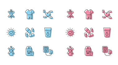 Set line No alcohol, Paper package for milk, doping syringe, Blood pressure, Vitamin pill, Glass with water, Sun and Sport track suit icon. Vector
