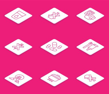 Set line Glass with water, No alcohol, Blood pressure, doping syringe, Vitamin pill, Toothbrush and toothpaste, Meditation and Cooking pot icon. Vector
