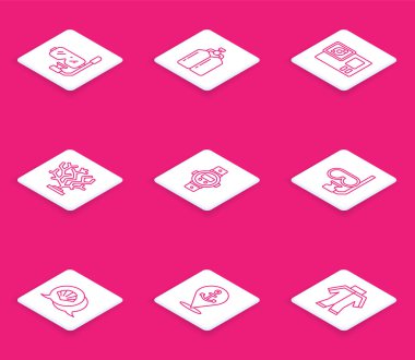 Set line Diving mask and snorkel, Aqualung, Action camera, Coral, watch, Scallop sea shell and Location with anchor icon. Vector