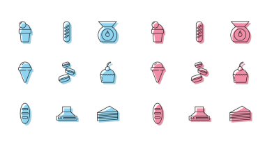 Set line Bread loaf, Kitchen extractor fan, Ice cream, Cake, Macaron cookie, in waffle cone and French baguette bread icon. Vector