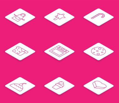 Set line Kitchen apron, Lollipop, Christmas candy cane, Bread toast, Oven, Cookie or biscuit, Cake and Ice cream icon. Vector