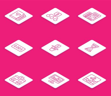 Set line Office folders, Blockchain technology Bitcoin, Business finance report, Zero cost, Dollar plant, Old hourglass, Bank building and Computer with growth graph icon. Vector