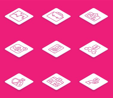 Set line Browser with growth graph, Briefcase, Identification badge, Mobile stock trading, Business finance report, Blockchain technology Bitcoin, Shield and money bag and Bank building icon. Vector