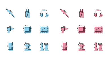 Set line Tetris, Robot, Fountain pen nib, Chess, Processor with CPU, Postal stamp, Ray gun and Pants suspenders icon. Vector