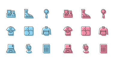 Set line Laptop, Earth globe, Monitor with keyboard, Calculator, Piece of puzzle, Sweater, T-shirt and Slippers socks icon. Vector