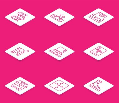 Set line Book, Gamepad, Waistcoat, Viking in horned helmet, Laptop, Crossword, Antique treasure chest and Piece of puzzle icon. Vector