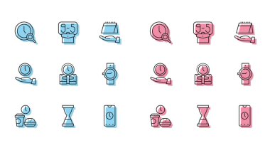 Set line Fast food time, Old hourglass with sand, Magnifying clock, Alarm app mobile, Time is money, Wrist watch, Clock and From 9 icon. Vector