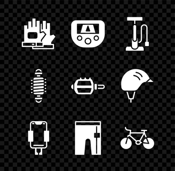 Set Gloves, Gps device with map, Bicycle air pump, Mobile holder, Cycling shorts, suspension and pedal icon. Vector — Stock vektor