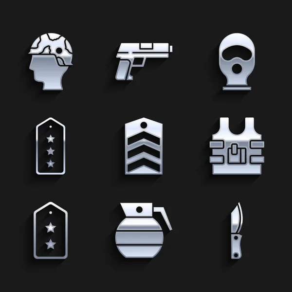 Set Chevron, Hand grenade, Military knife, Bulletproof vest, rank, Balaclava and Army soldier icon. Vector — Stock vektor