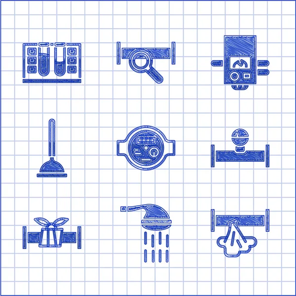 Set Water meter, Shower, Broken pipe, Industry and manometer, metallic, Rubber plunger, Gas boiler and Test tube with water drop icon. Vector — Stok Vektör