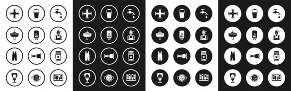 Set Water tap, Electric boiler, Washbasin, Industry metallic pipe, Plumber, Bucket, Laundry detergent and Work overalls icon. Vector — 스톡 벡터