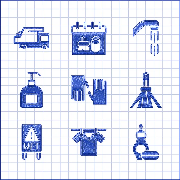 Set Rubber gloves, Drying clothes, Dishwashing liquid bottle, Handle broom, Wet floor, Bottle of soap, Shower head and Garbage truck icon. Vector — Stockvektor