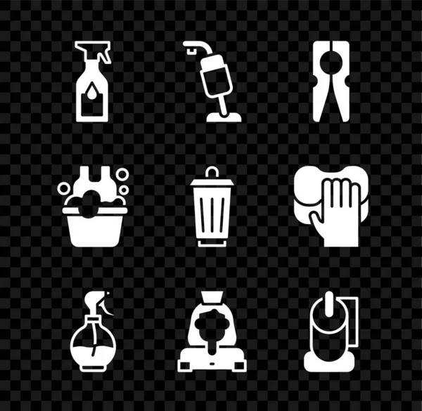 Set Cleaning spray bottle, Vacuum cleaner, Clothes pin, Water, lady service, Toilet paper roll, Basin with soap suds and Trash can icon. Vector — 스톡 벡터