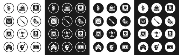 Set Robot, Screwdriver, Processor with microcircuits CPU, setting, Error robot, User manual and Creating icon. Vector — Archivo Imágenes Vectoriales