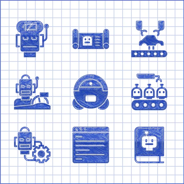 Set Robot vacuum cleaner, Computer api interface, User manual, Industrial production of robots, setting, humanoid driving car, Robotic arm factory and low battery charge icon. Vector — Image vectorielle
