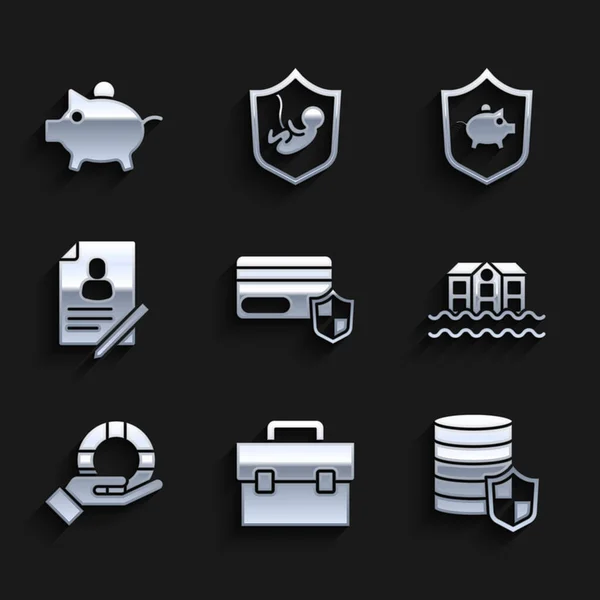 Set Credit card with shield, Briefcase, Money, House flood, Lifebuoy in hand, Document, Piggy bank and icon. Vector — Vetor de Stock