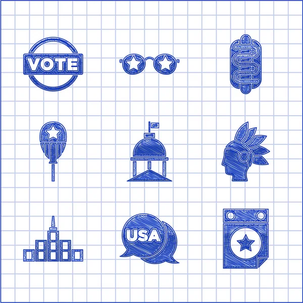 Set White House, USA Independence day, Calendar with date July 4, Native American Indian, City landscape, Balloons, Hotdog sandwich and Vote icon. Vector — Image vectorielle