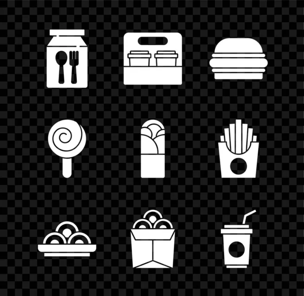 Set Online ordering and delivery, Coffee cup to go, Burger, Asian noodles bowl, Noodles box, Paper glass with straw, Lollipop and Doner kebab icon. Vector — Vettoriale Stock