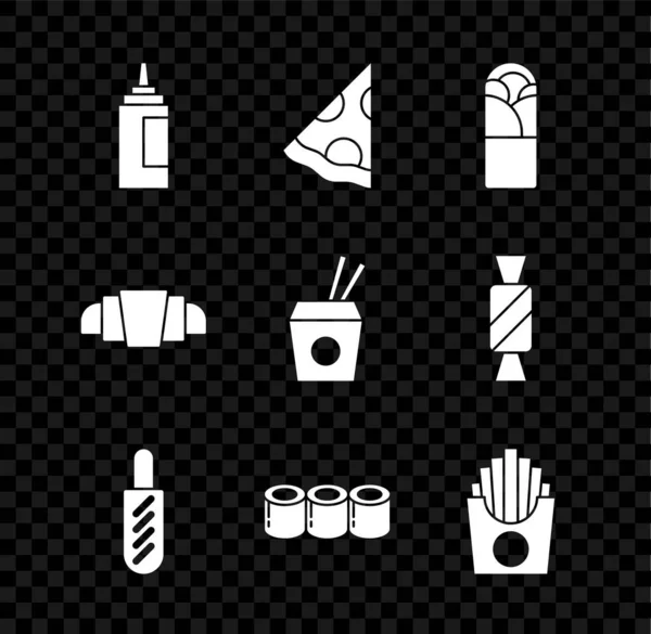 Set Sauce bottle, Slice of pizza, Doner kebab, Hotdog sandwich, Sushi, Potatoes french fries in box, Croissant and Asian noodles chopsticks icon. Vector — 图库矢量图片