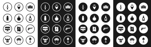 Set Saloon door, Canteen water bottle, Bullet, Dagger, Tequila, Cowboy bandana, Revolver gun and Pointer to wild west icon. Vector — Stok Vektör