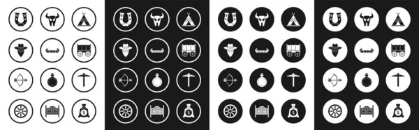 Set Indian teepee or wigwam, Kayak canoe and paddle, Cowboy, Horseshoe, Wild west covered wagon, Buffalo skull, Pickaxe and Bow arrow in quiver icon. Vector — ストックベクタ