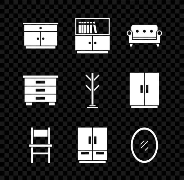 Set Furniture nightstand, Library bookshelf, Sofa, Chair, Wardrobe, Mirror, and Coat icon. Vector — стоковый вектор