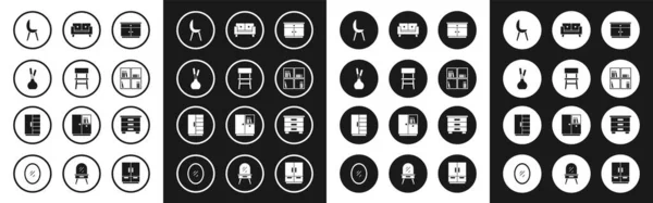 Set Furniture nightstand, Chair, Vase, Armchair, Shelf with books, Sofa, and Wardrobe icon. Vector — Stockvektor