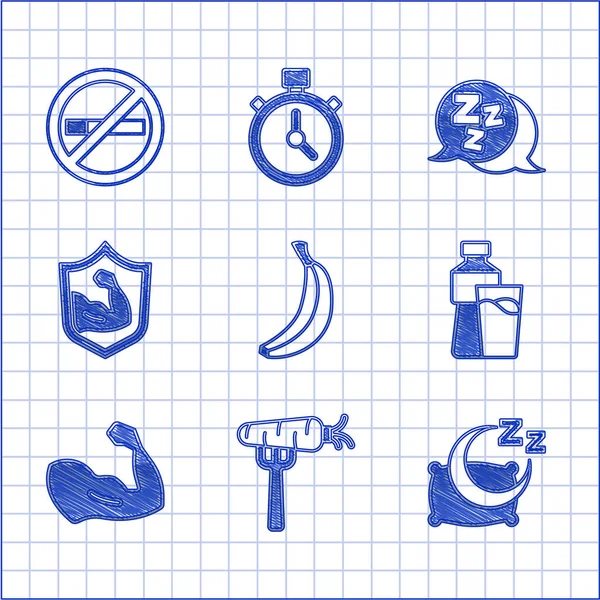Set Banana, Carrot on fork, Time to sleep, Bottle of water with glass, Bodybuilder muscle, Sleepy and No Smoking icon. Vector — Stockový vektor