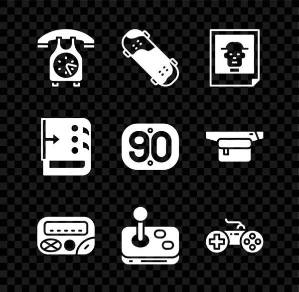 Set Telephone handset, Skateboard trick, Photo, Pager, Joystick, Gamepad, Sound mixer controller and 90s Retro icon. Vector — Vetor de Stock