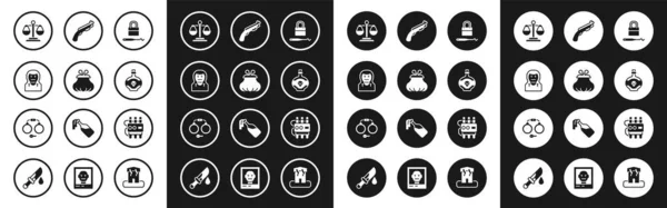 Set Lock picks for lock picking, Wallet, Thief mask, Scales of justice, Poison bottle, Police shotgun, Dynamite and timer clock and Handcuffs icon. Vector — Vetor de Stock