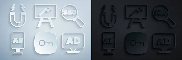 Set Key, SEO optimization, Advertising, Board with graph chart and Magnet icon. Vector —  Vetores de Stock