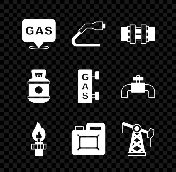 Set Location and gas station, Electrical cable plug charging, Metallic pipes valve, Oil rig with fire, Canister for motor oil, pump pump jack, Propane tank and Gas filling icon. Vector — Stok Vektör