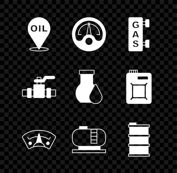 Set Refill petrol fuel location, Motor gas gauge, Gas filling station, Oil tank storage, Barrel oil, Metallic pipes and valve and test tube icon. Vector — 스톡 벡터