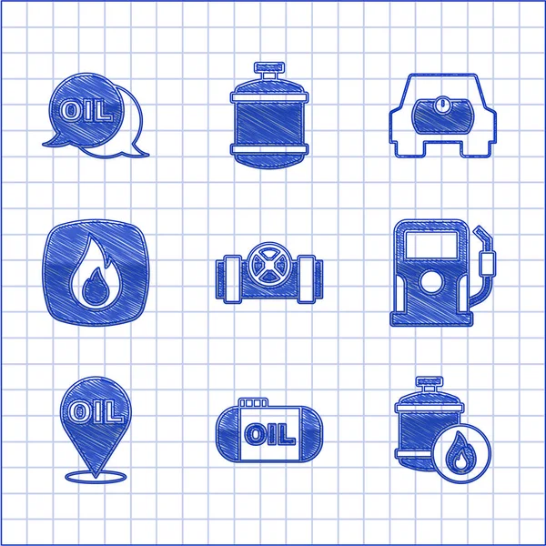 Set Metallic pipes and valve, Oil tank storage, Propane gas, Petrol station, Refill petrol fuel location, Fire flame, Gas for vehicle and Word oil icon. Vector — 스톡 벡터