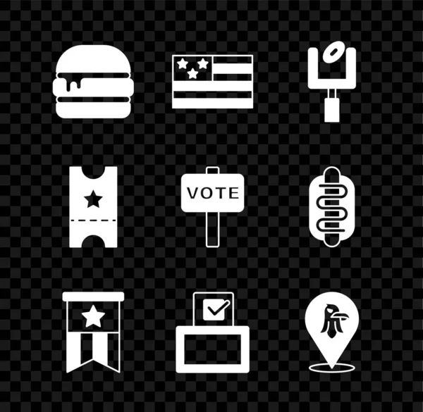 Establecer hamburguesa, bandera americana, poste de gol de fútbol, caja de votación, águila, boleto de béisbol e icono. Vector — Archivo Imágenes Vectoriales