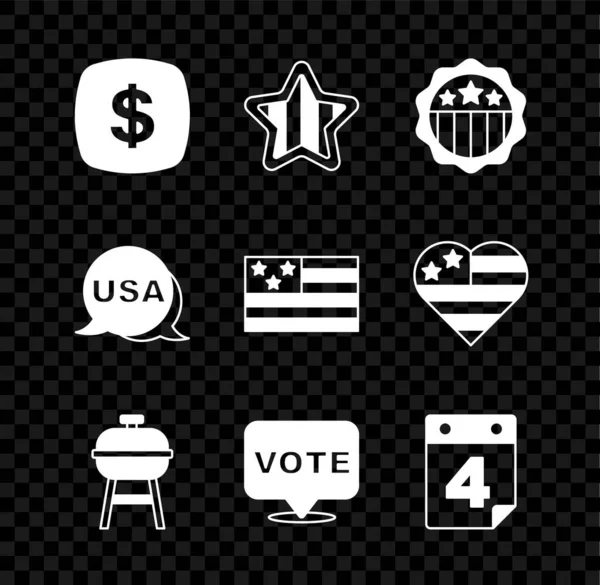 Set Dollar symbol, USA Independence day, Barbecue grill, Vote, Calendar with date July 4, and American flag icon. Vector — Stok Vektör
