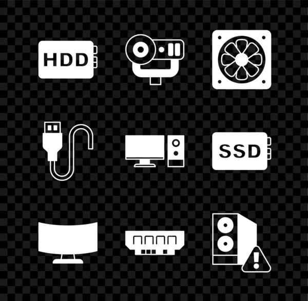 Set Hard disk drive HDD, Web camera, Computer cooler, monitor screen, RAM, random access memory, Case of computer, USB cable cord and icon. Vector — Image vectorielle