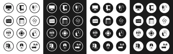 Set USB cable cord, Server, Data, Web Hosting, SSD card, Computer monitor screen, mouse, and camera icon. Vector — Stockvector